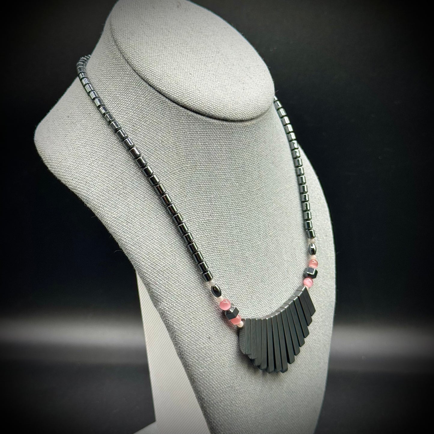Vintage Hematite Necklace with Pink Cat's Eye Beads
