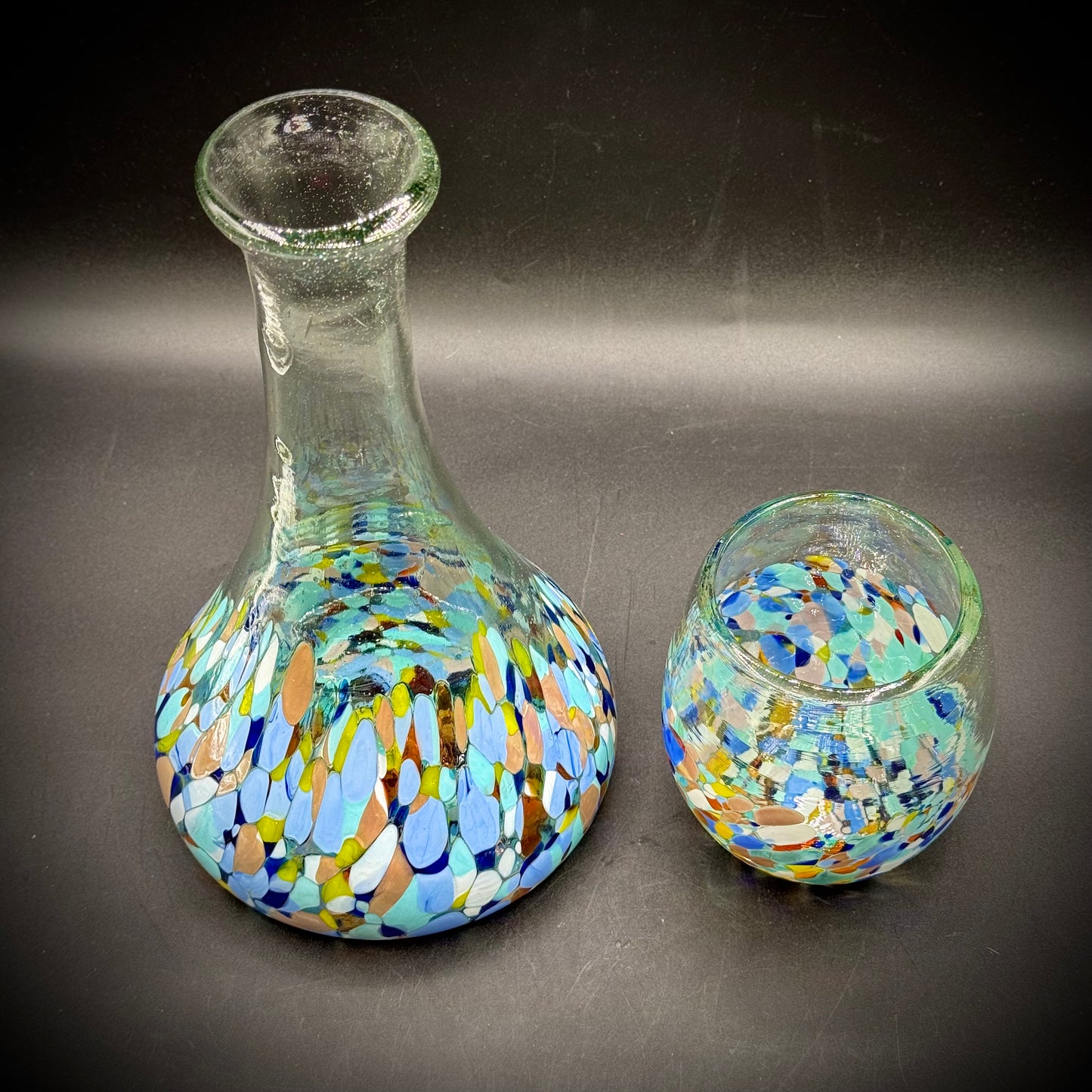 Mexican Recycled Art Glass Tumble Up Carafe & Glass