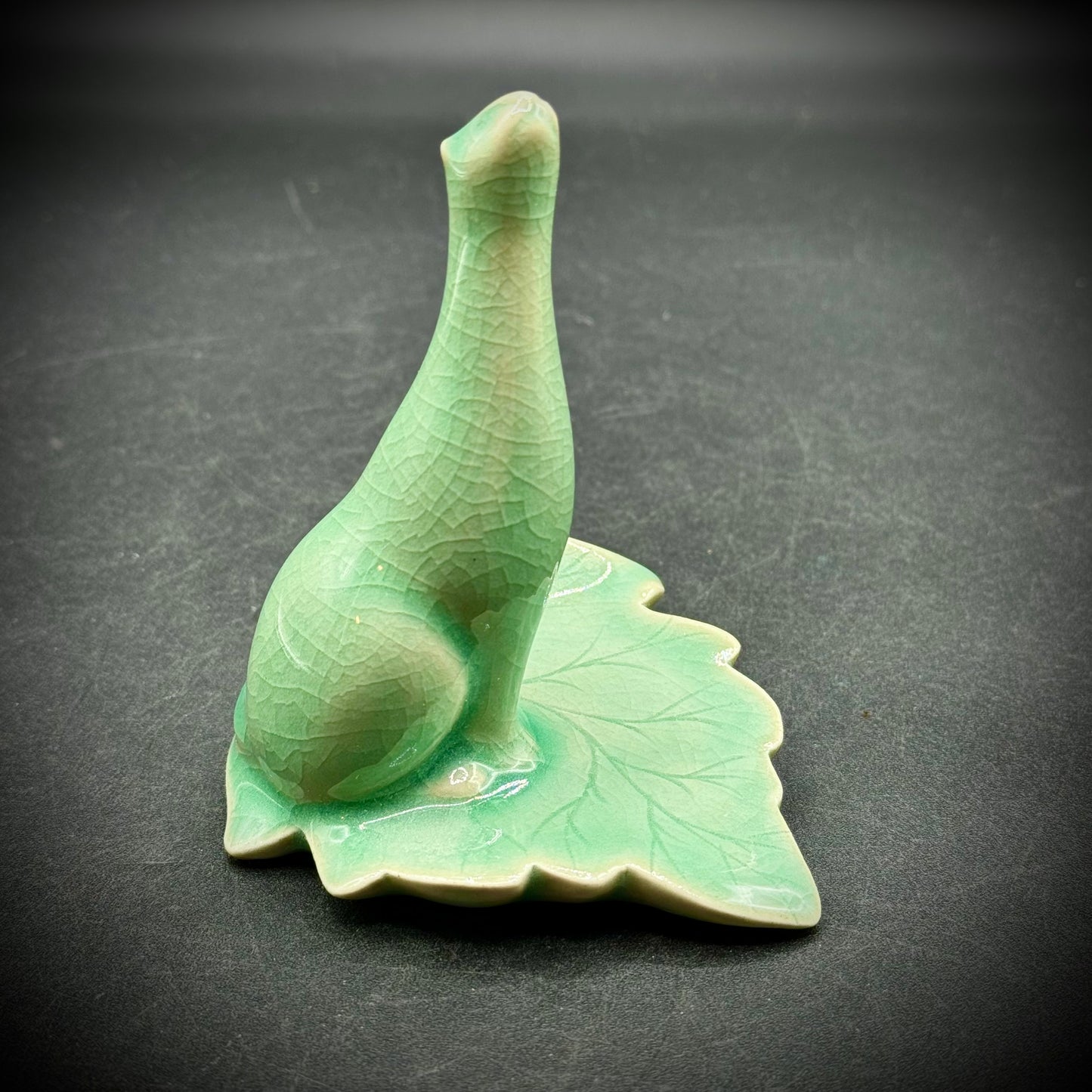 Vintage Porcelain Celadon Cat on Leaf