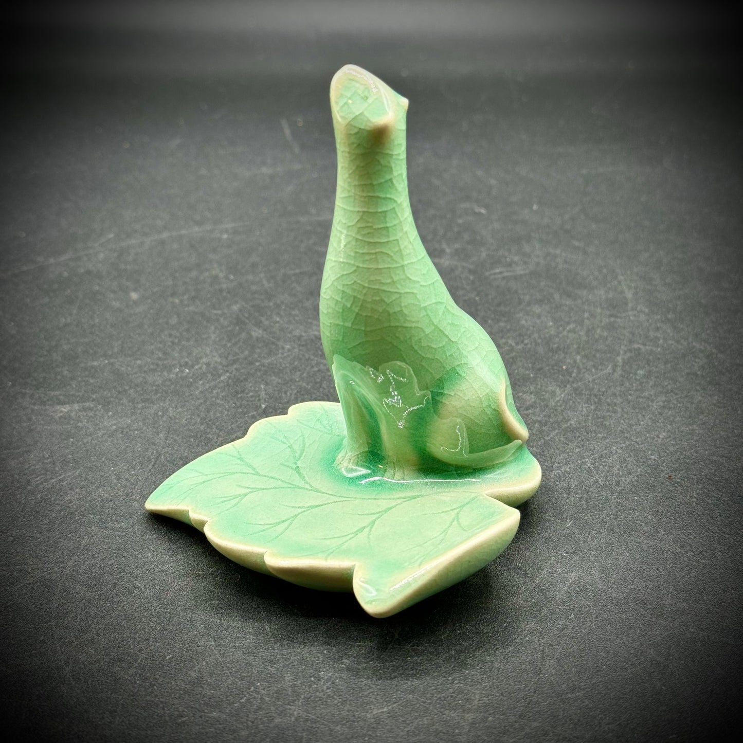 Vintage Porcelain Celadon Cat on Leaf