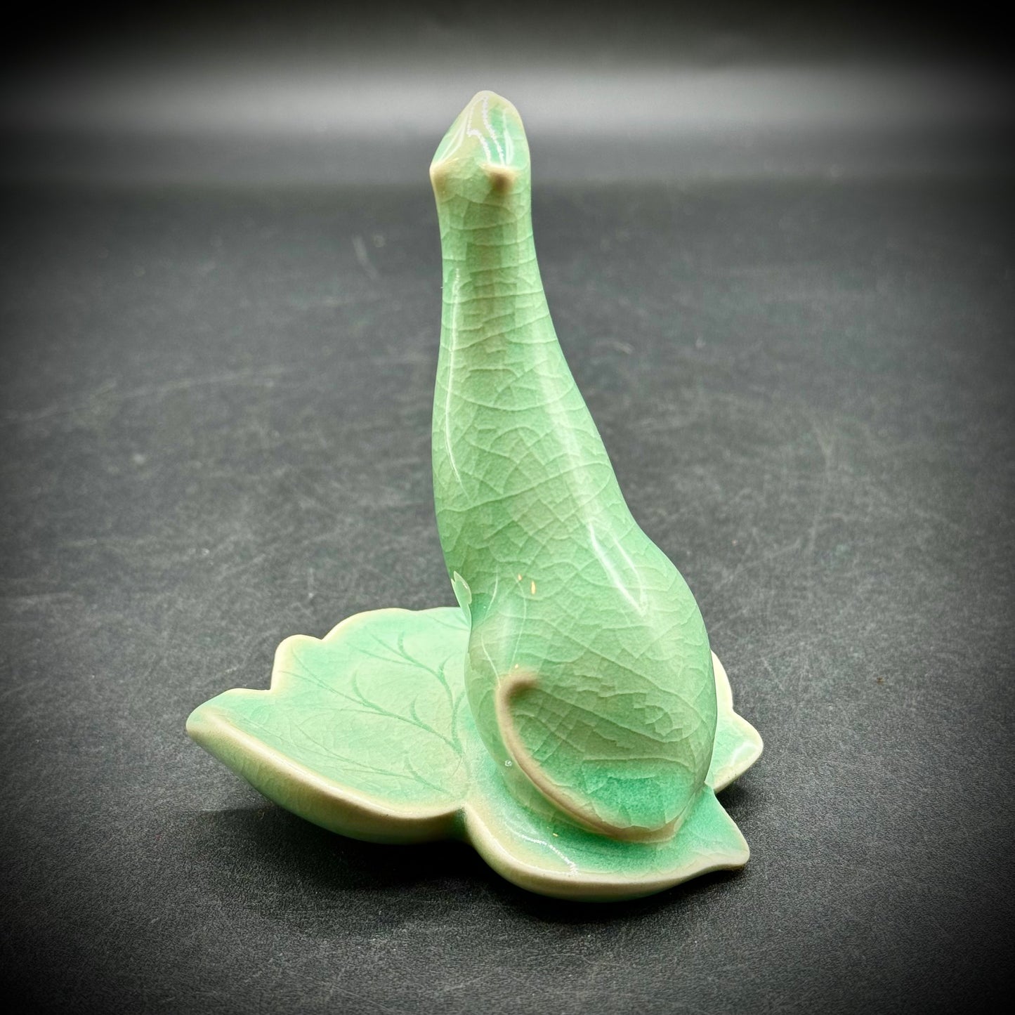 Vintage Porcelain Celadon Cat on Leaf