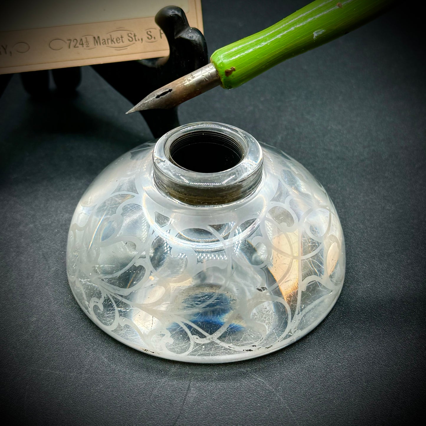 Crystal Inkwell, Dip Pen & Antique Cabinet Photograph Card