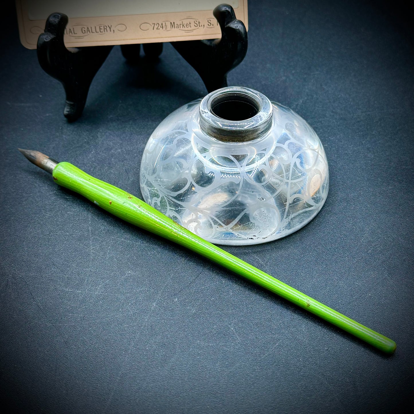 Crystal Inkwell, Dip Pen & Antique Cabinet Photograph Card