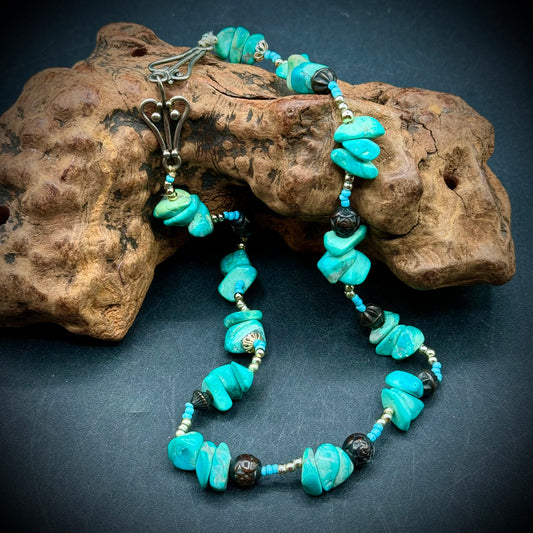 Natural Turquoise and Carved Bead Necklace