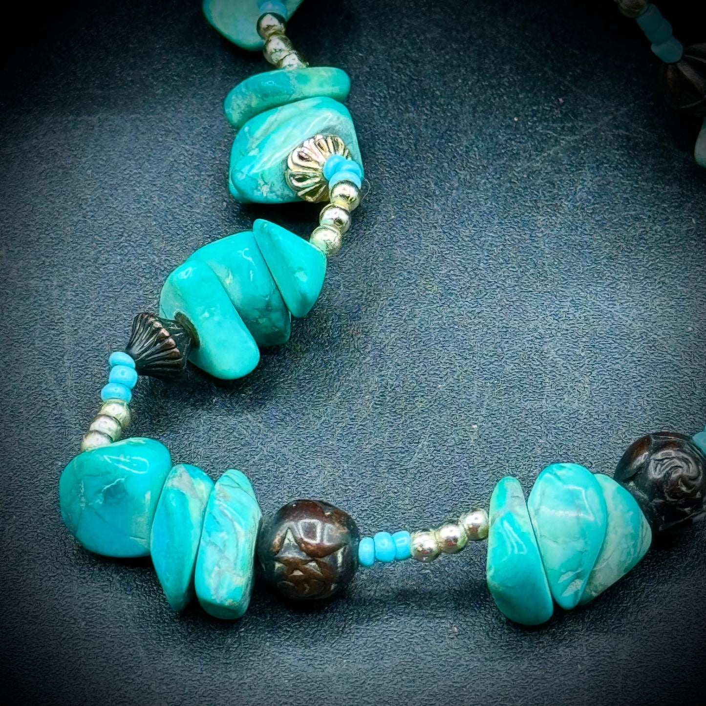 Natural Turquoise and Carved Bead Necklace