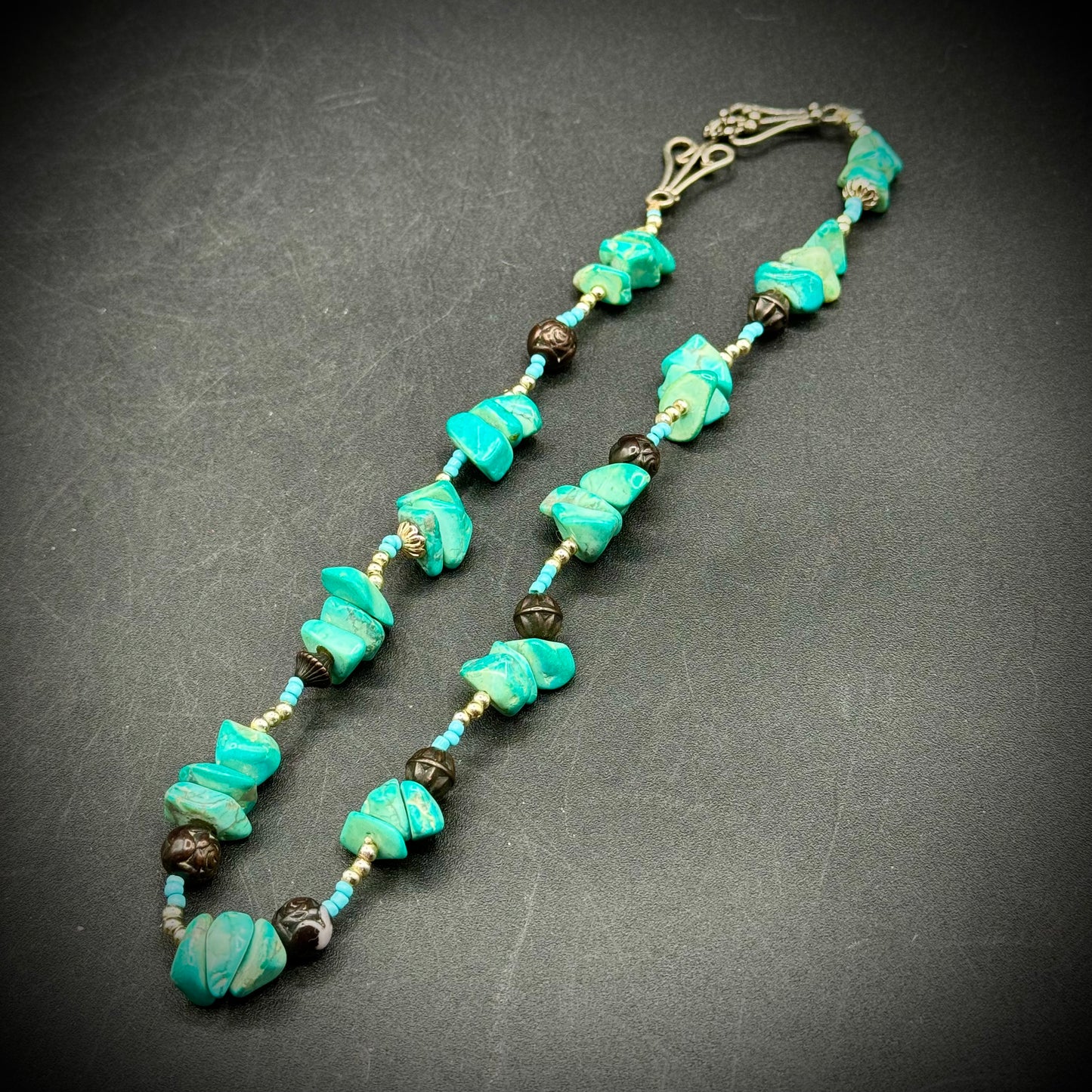 Natural Turquoise and Carved Bead Necklace