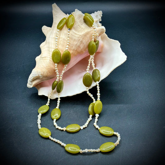 Green Olive Jade & Freshwater Pearl Necklace