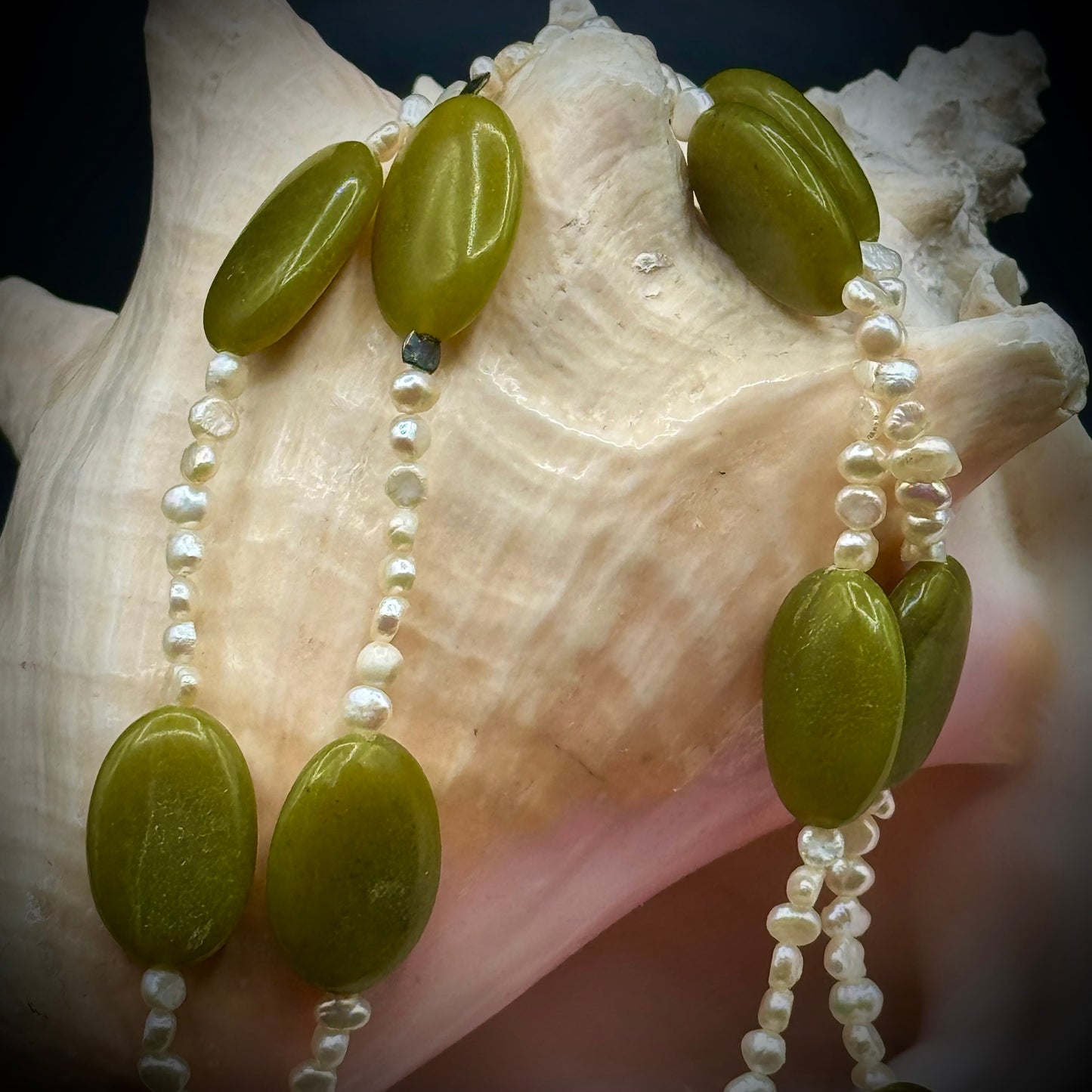 Green Olive Jade & Freshwater Pearl Necklace