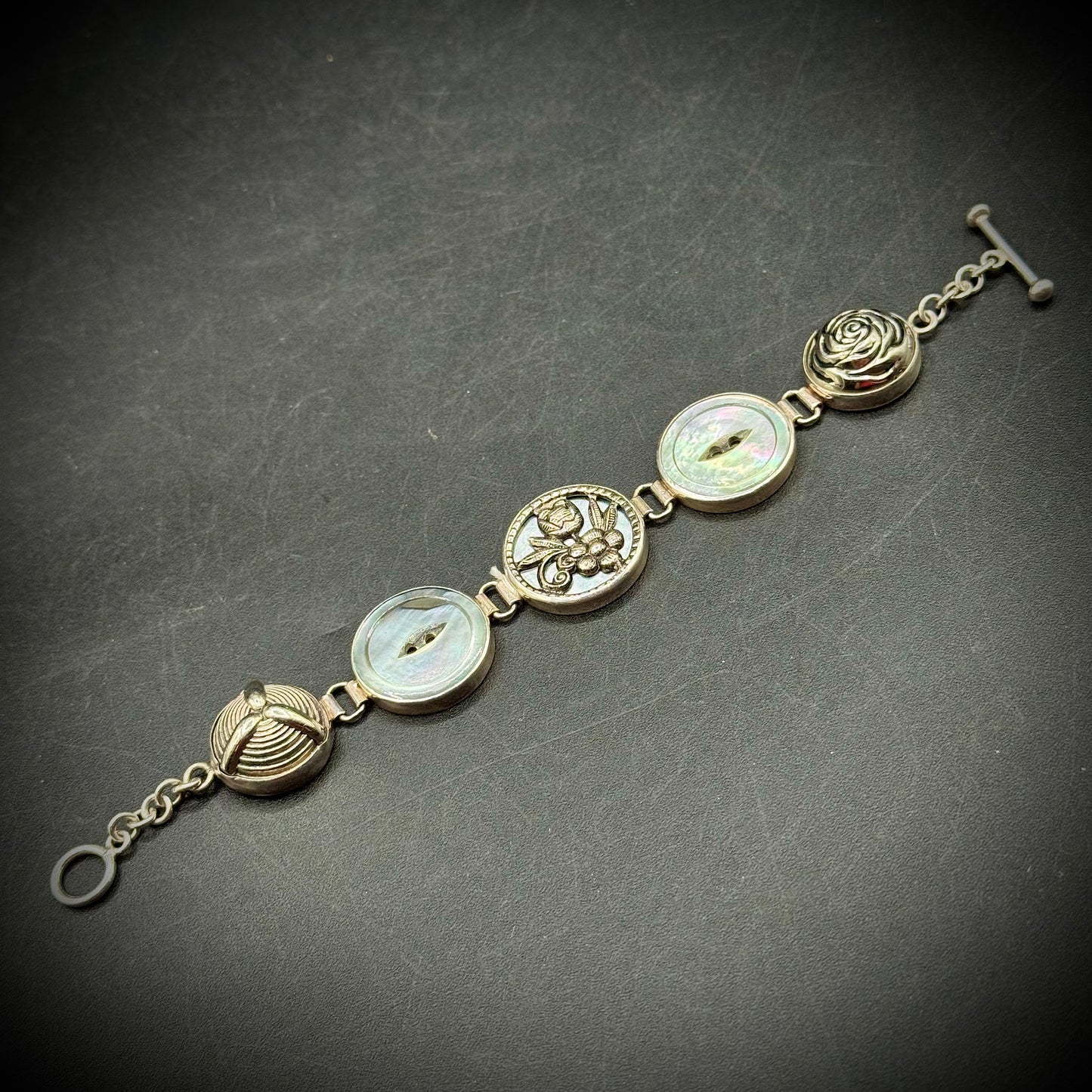 Solid Sterling Silver & Mother of Pearl Button Motif Bracelet