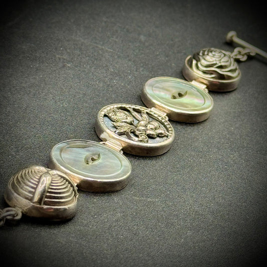 Solid Sterling Silver & Mother of Pearl Button Motif Bracelet