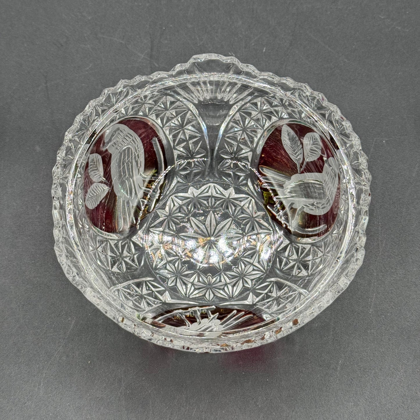 Vintage Hofbauer Cut To Clear Bird Motif Crystal Bowl