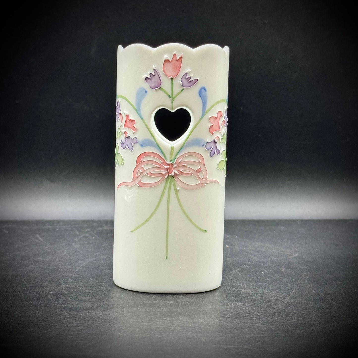 Etched Porcelain Vase/Holder with Painted Flower & Heart Motif