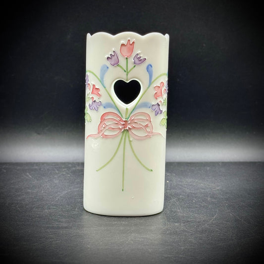 Etched Porcelain Vase/Holder with Painted Flower & Heart Motif