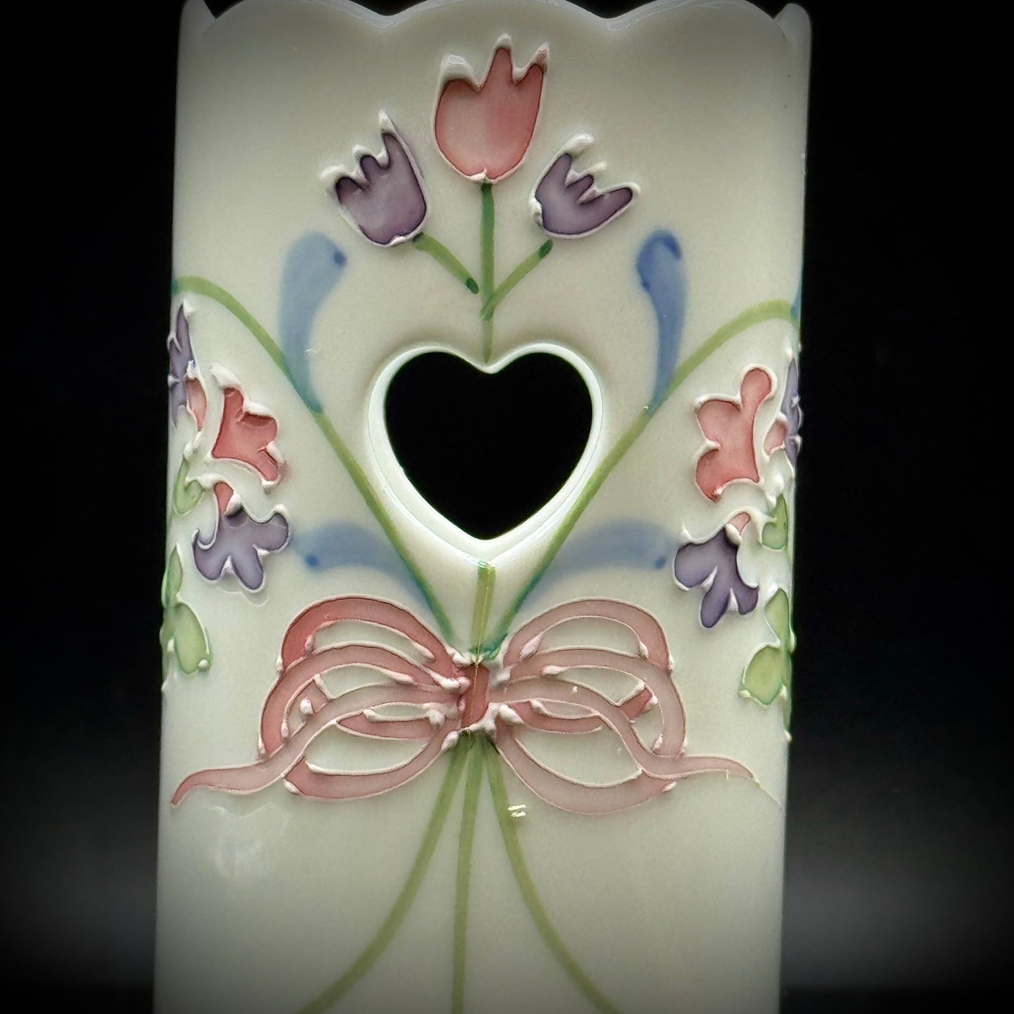 Etched Porcelain Vase/Holder with Painted Flower & Heart Motif