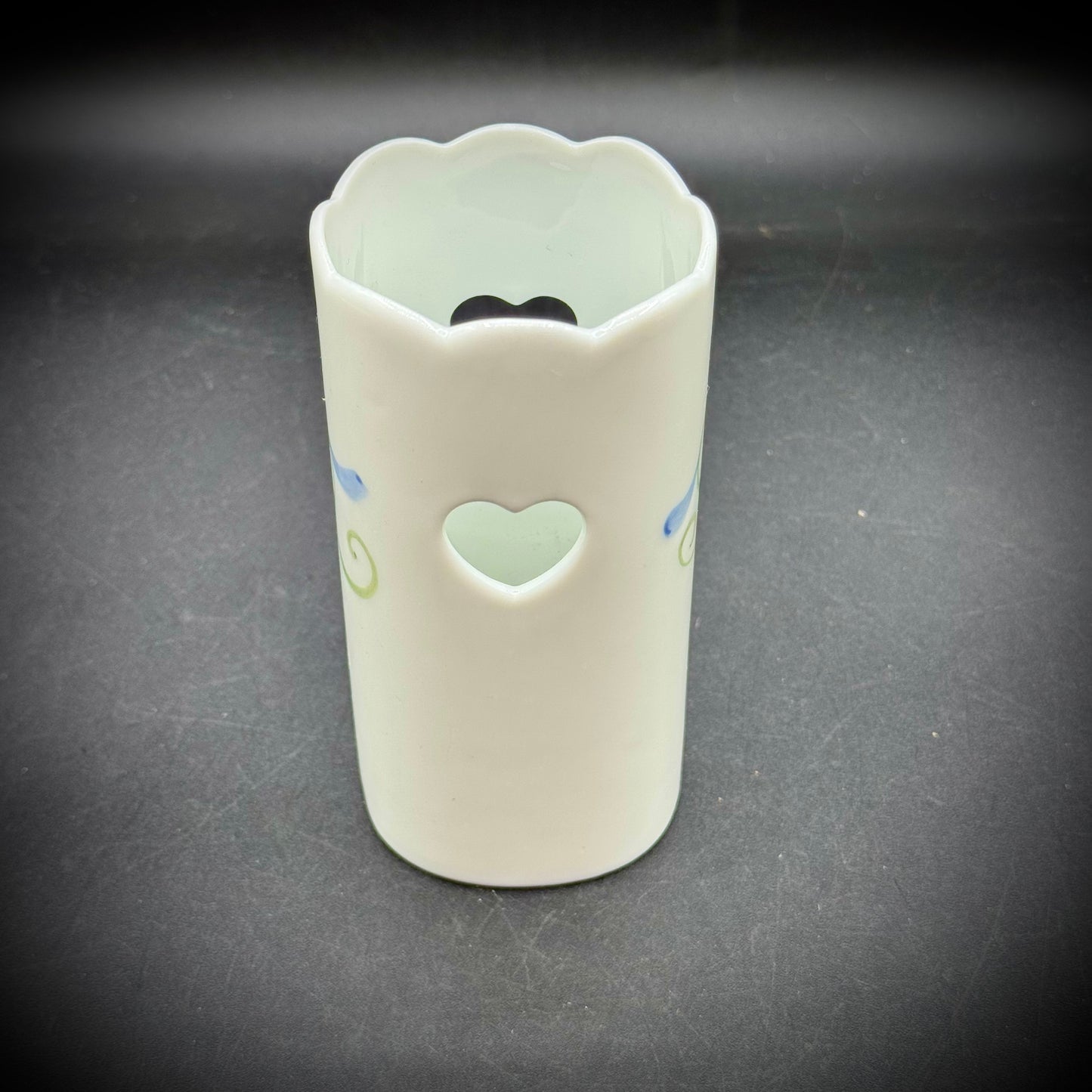Etched Porcelain Vase/Holder with Painted Flower & Heart Motif
