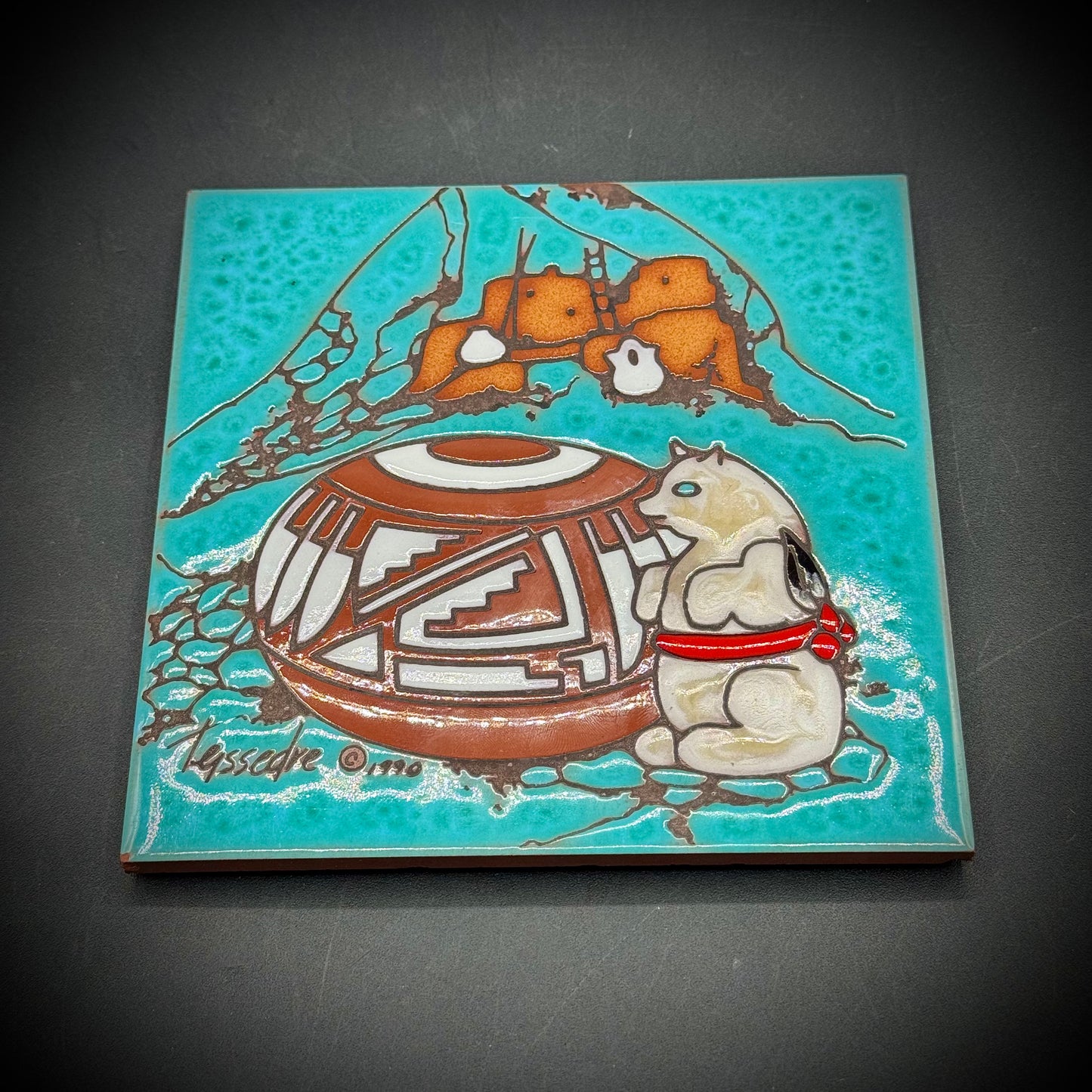 Vintage Artist Cleo Teissedre Native American Style Bear Pottery Tile/Trivet