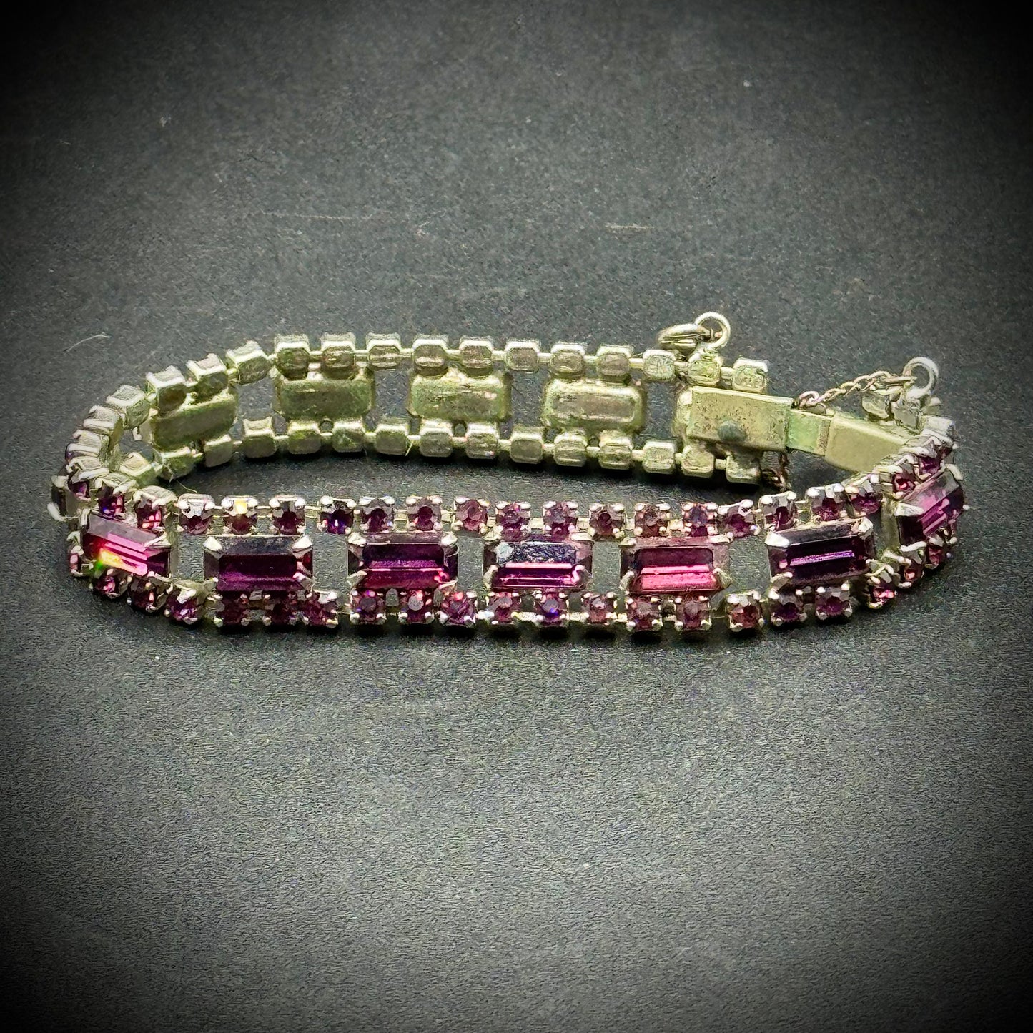 Vintage Purple Rhinestone Bracelet w/Safety Chain