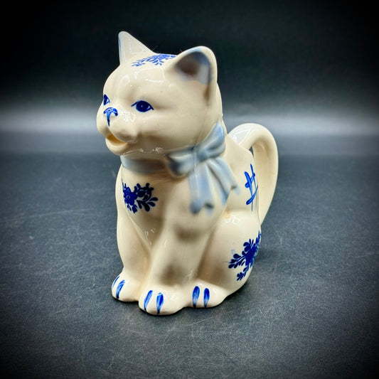 Vintage Ceramic Whimsical Blue & White Cat Creamer