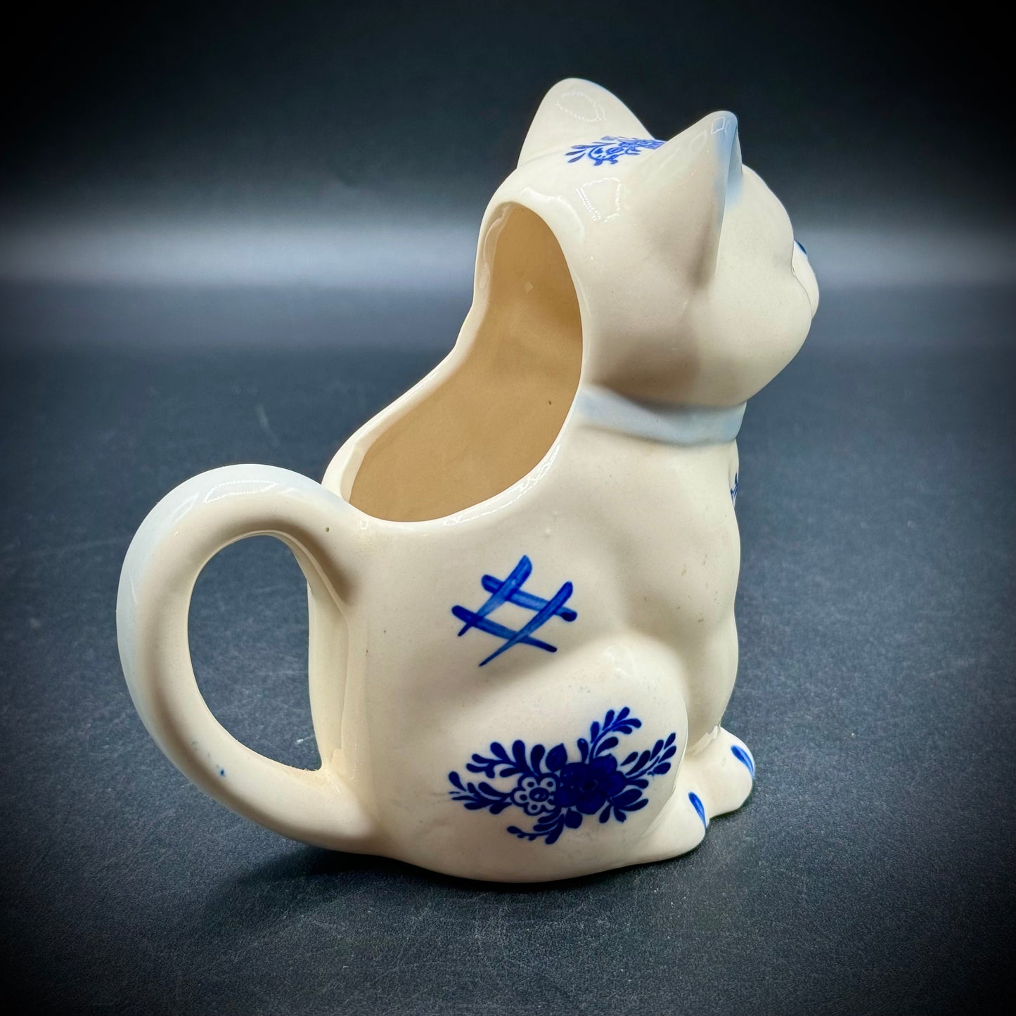 Vintage Ceramic Whimsical Blue & White Cat Creamer