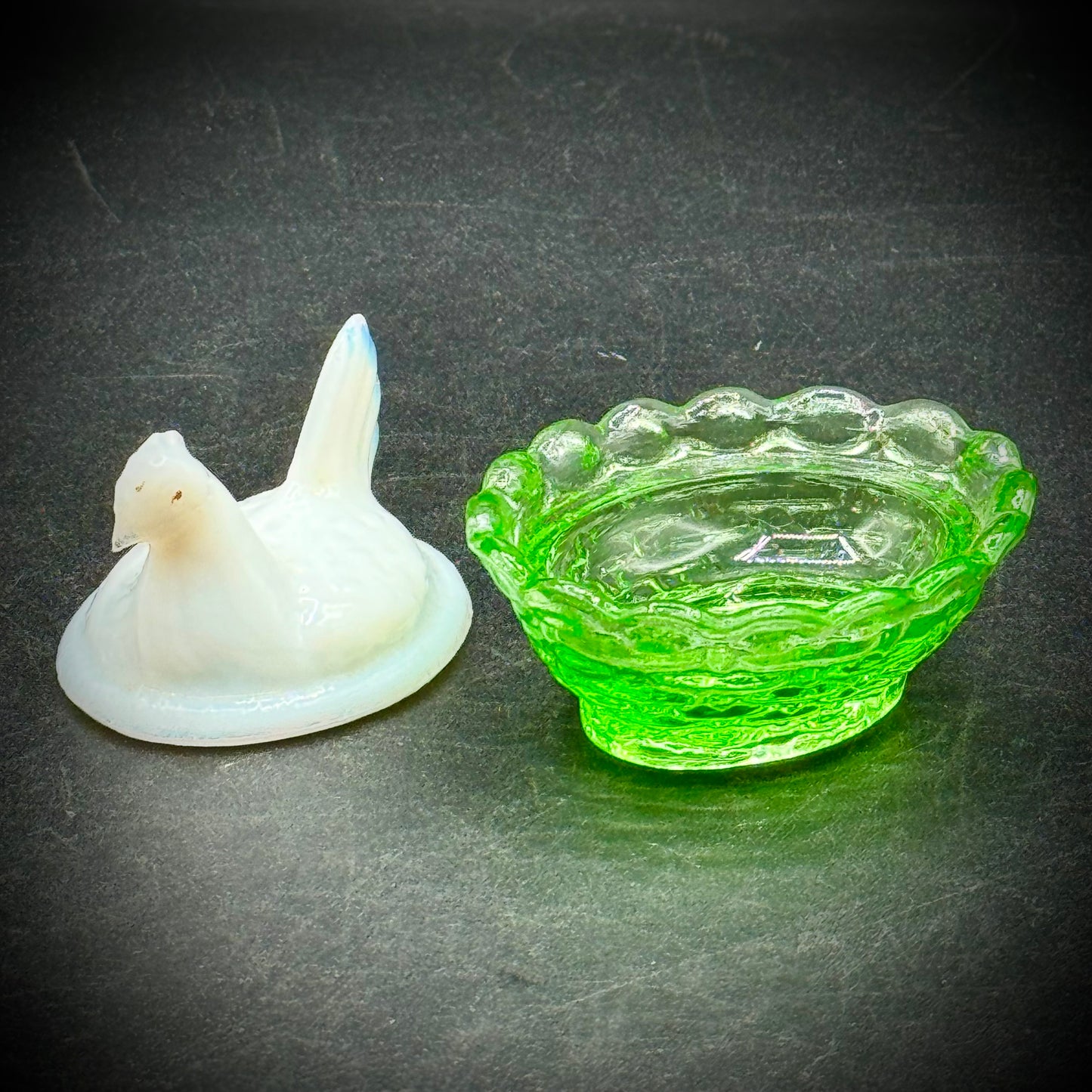 Uranium Glass Mini Hen on Nest