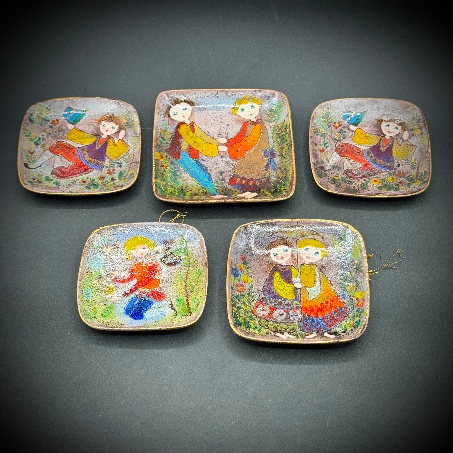 Set of 5 Vintage Ker-Vitrex German Hand Painted Enamel Dishes