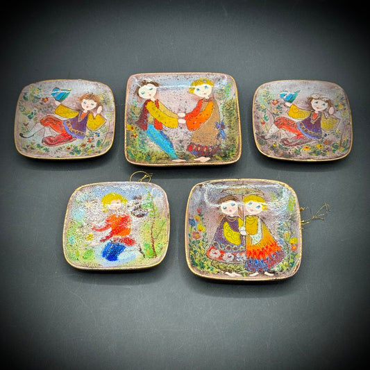 Set of 5 Vintage Ker-Vitrex German Hand Painted Enamel Dishes
