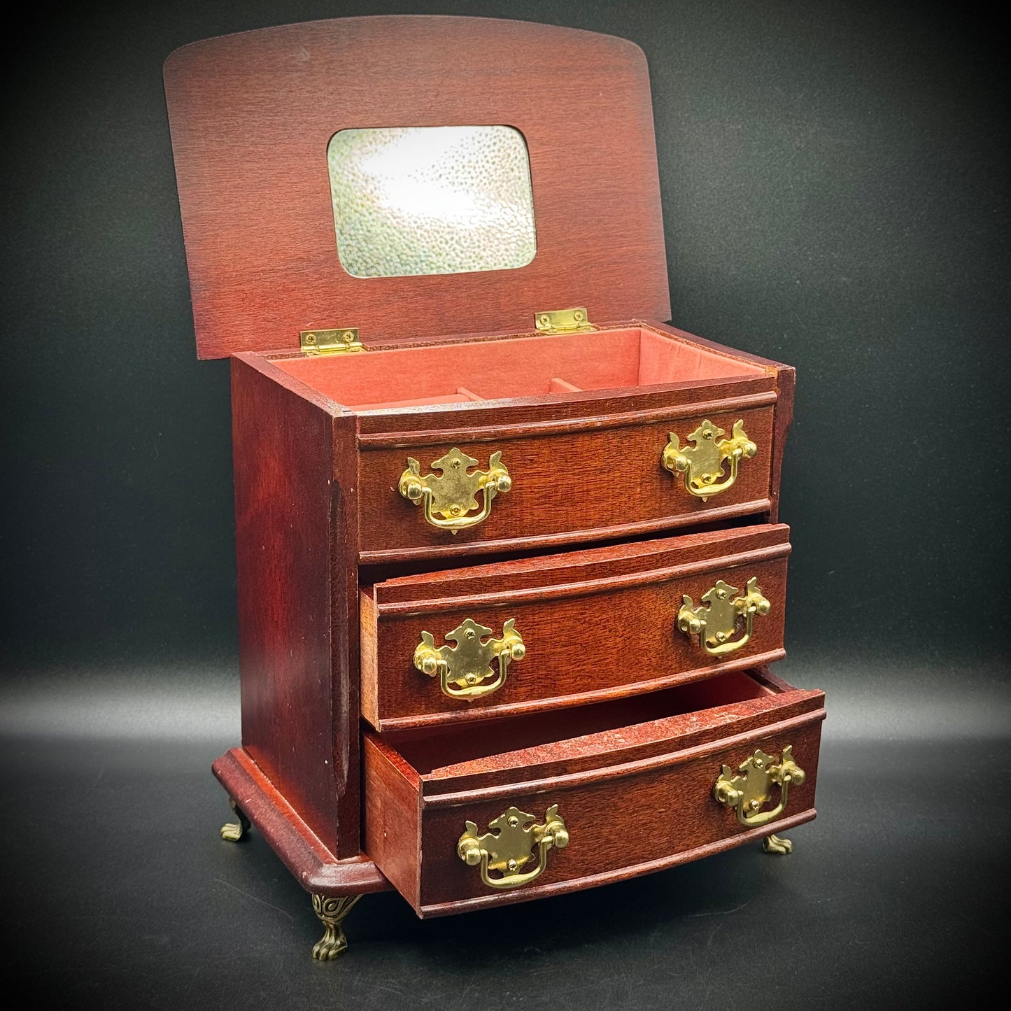 Vintage Tabletop Chippendale Jewelry Chest with Clawfoot Accents