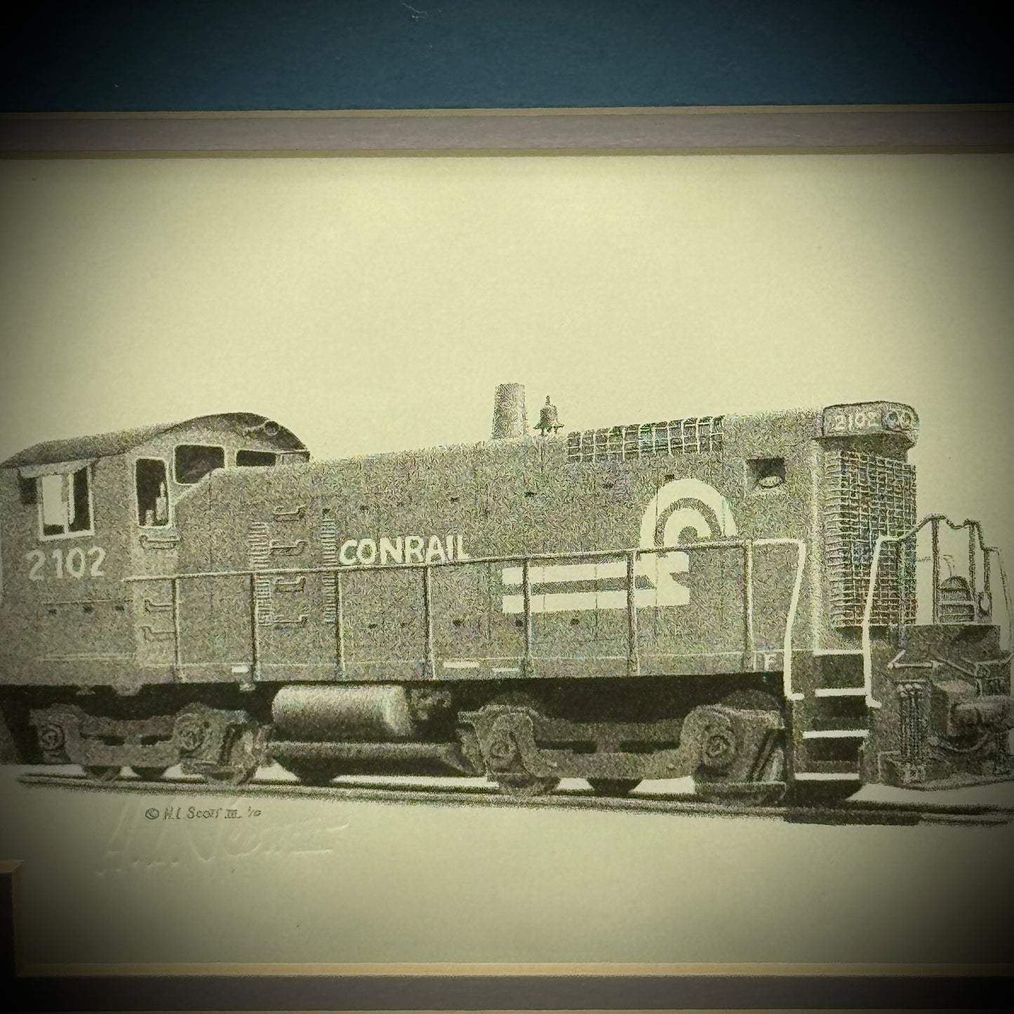 Professionally Framed Train Lithograph with Pin