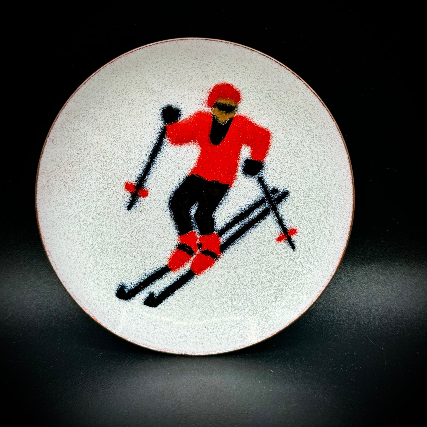 Artist Made Enamel on Copper Skier Trinket Dish