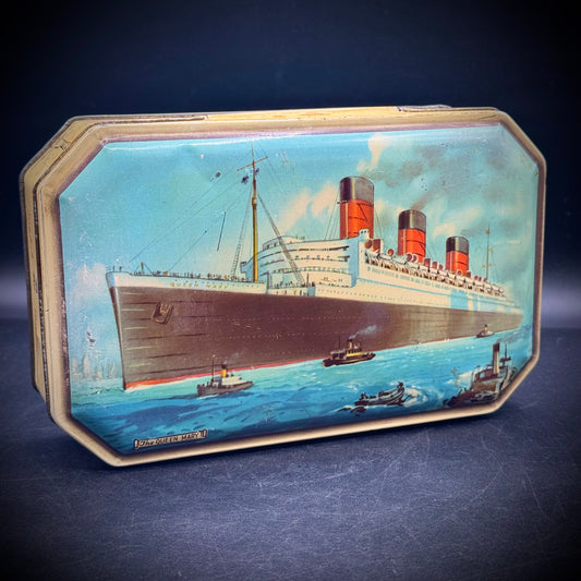 Vintage English Candy Tin with Queen Mary Steamship Artwork