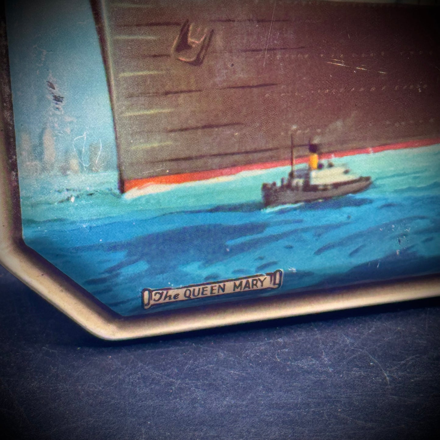 Vintage English Candy Tin with Queen Mary Steamship Artwork
