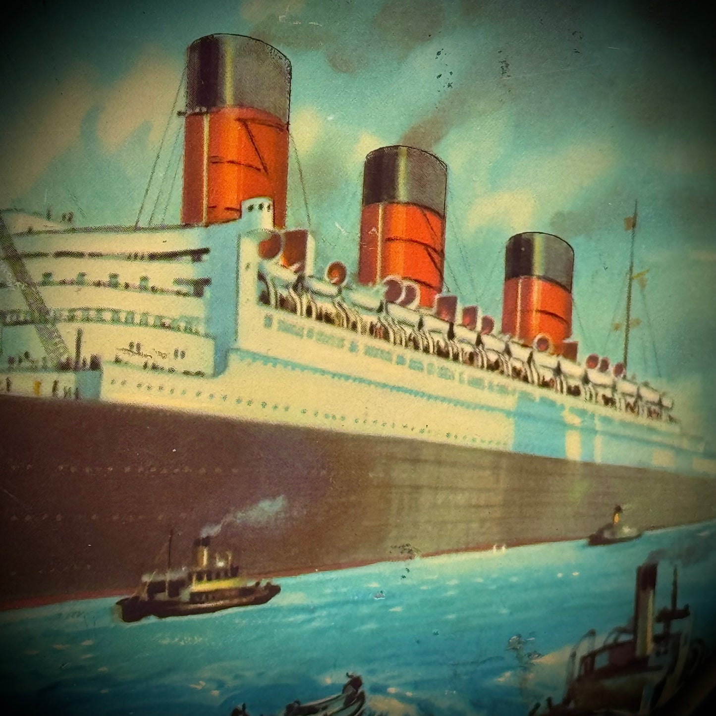 Vintage English Candy Tin with Queen Mary Steamship Artwork