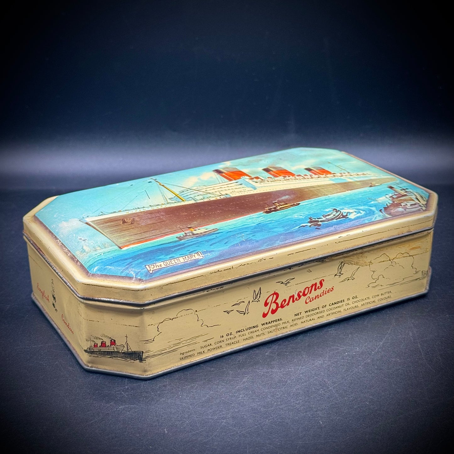 Vintage English Candy Tin with Queen Mary Steamship Artwork