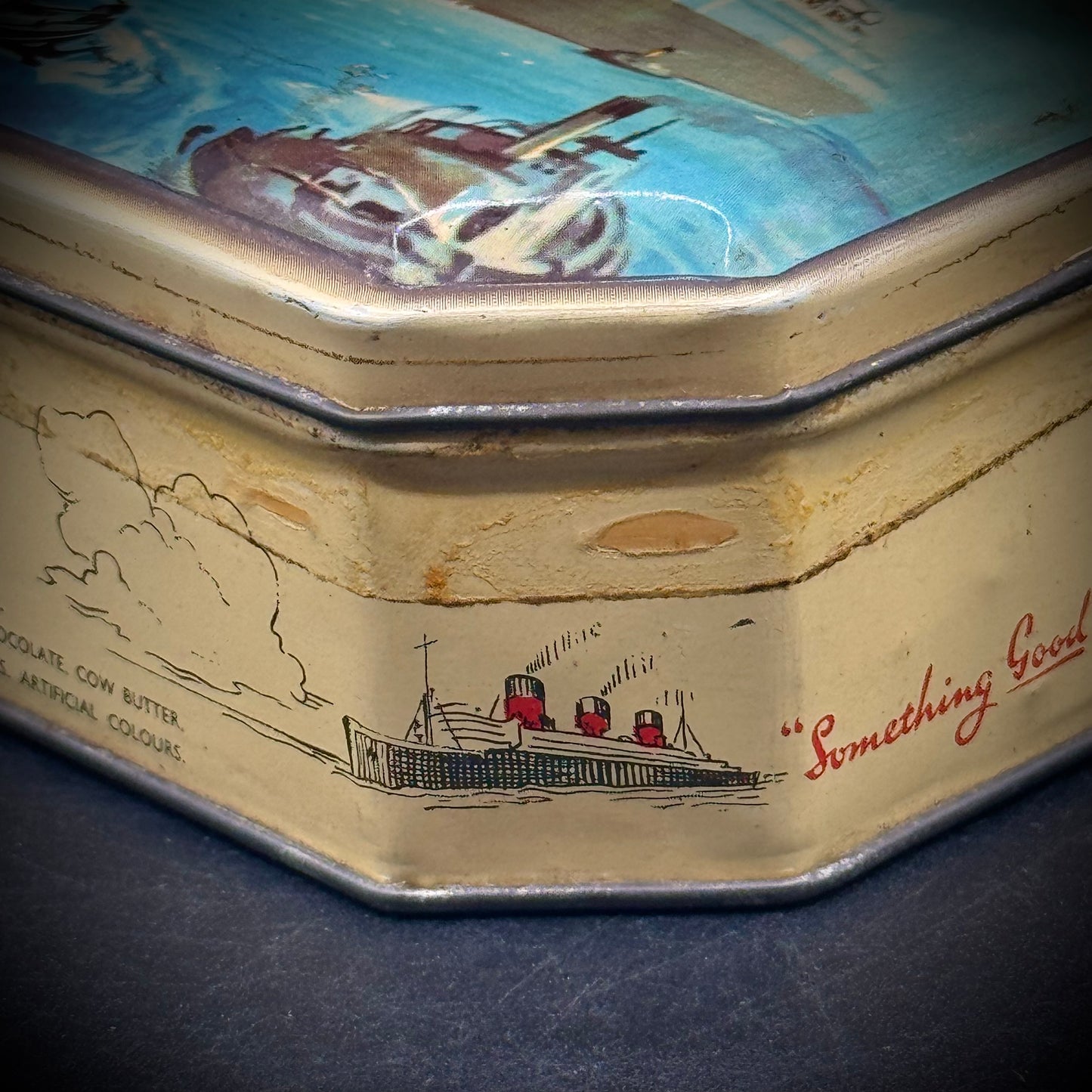 Vintage English Candy Tin with Queen Mary Steamship Artwork