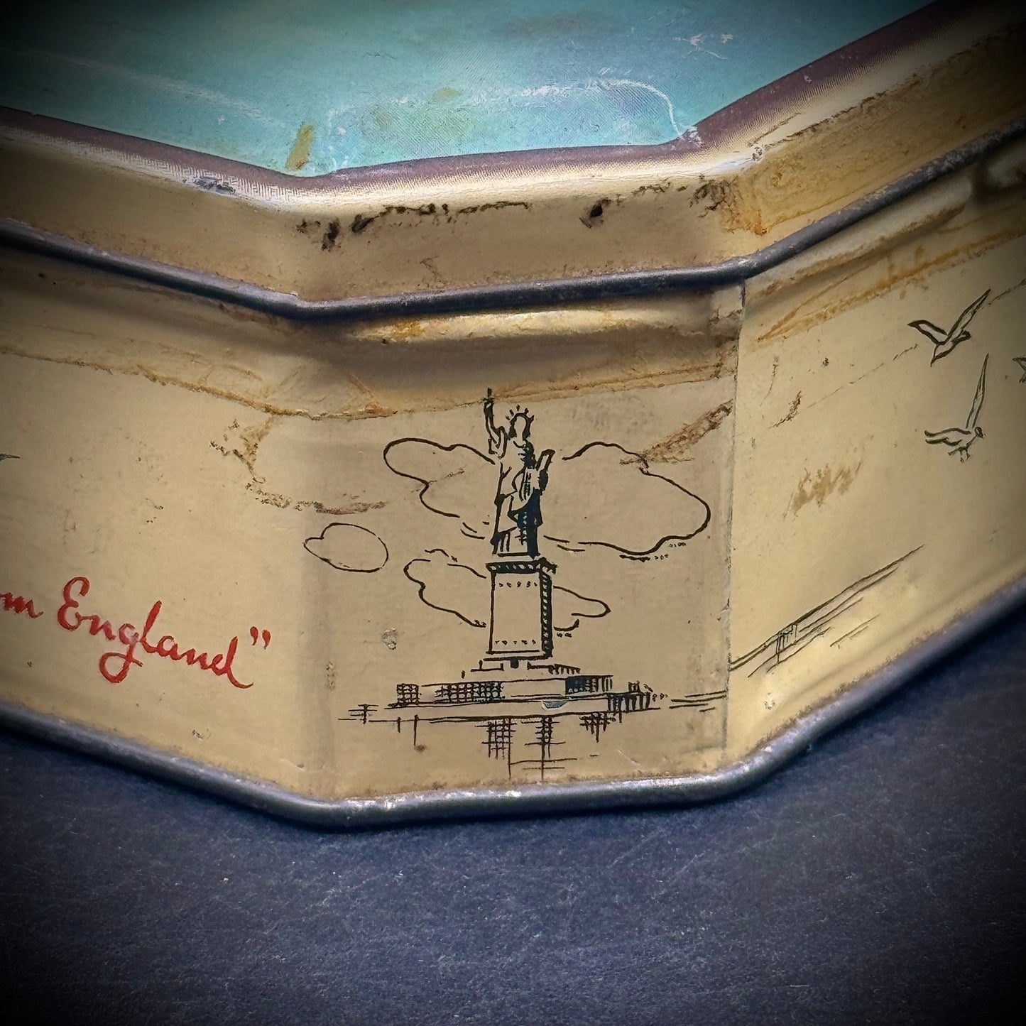 Vintage English Candy Tin with Queen Mary Steamship Artwork