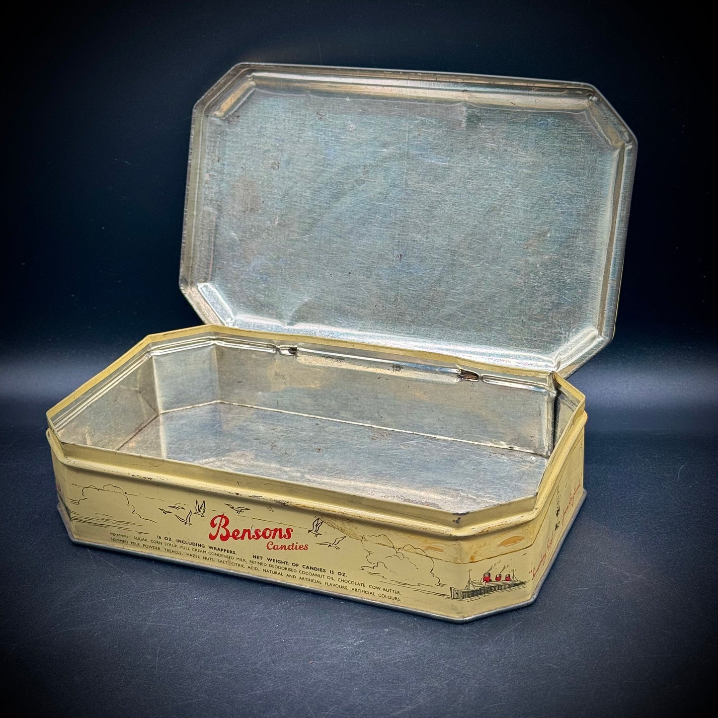 Vintage English Candy Tin with Queen Mary Steamship Artwork