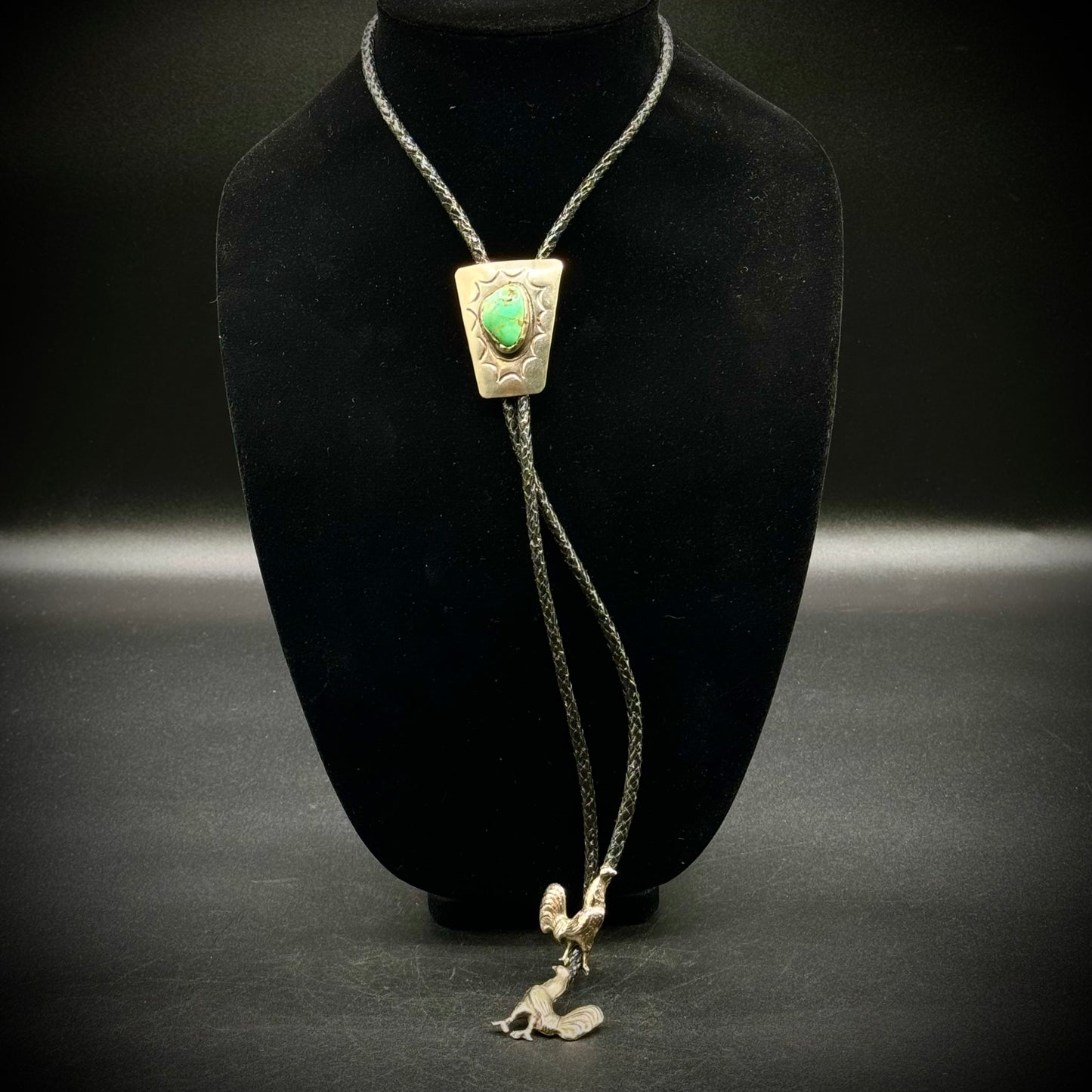 Sterling Silver & Green Turquoise Bolo w/Unique Rooster Ending