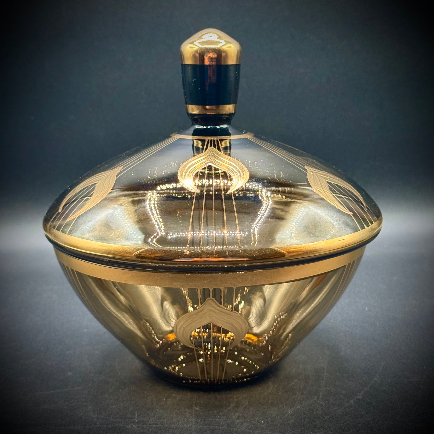 Antique 1920s Art Deco Lidded Candy Dish with Black Smoked Glass & Gold Accents