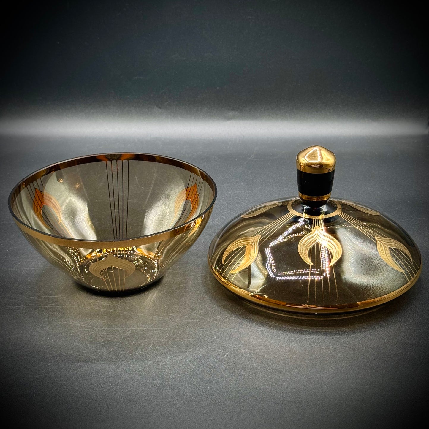 Antique 1920s Art Deco Lidded Candy Dish with Black Smoked Glass & Gold Accents