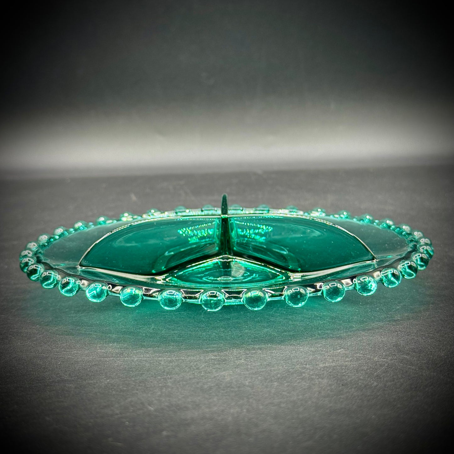 Vintage Czech Bohemian Green Glass Divided Dish