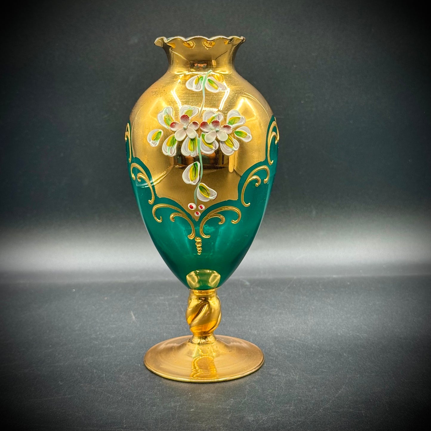 Vintage Emerald Green Murano Venetian Hand Painted Flower Vase