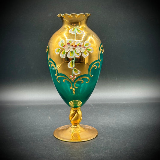 Vintage Emerald Green Murano Venetian Hand Painted Flower Vase