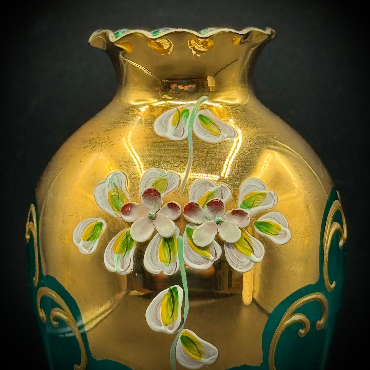 Vintage Emerald Green Murano Venetian Hand Painted Flower Vase