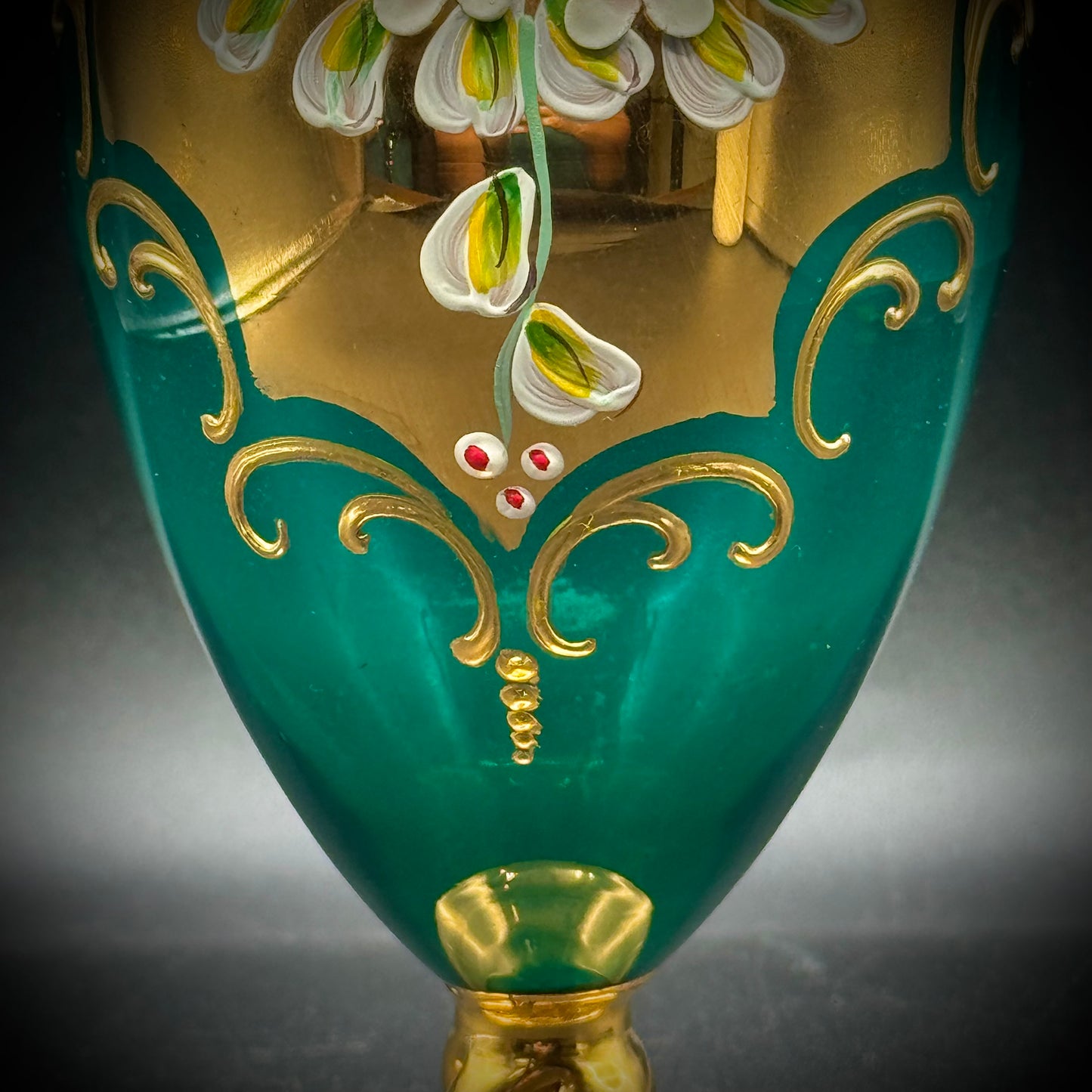Vintage Emerald Green Murano Venetian Hand Painted Flower Vase