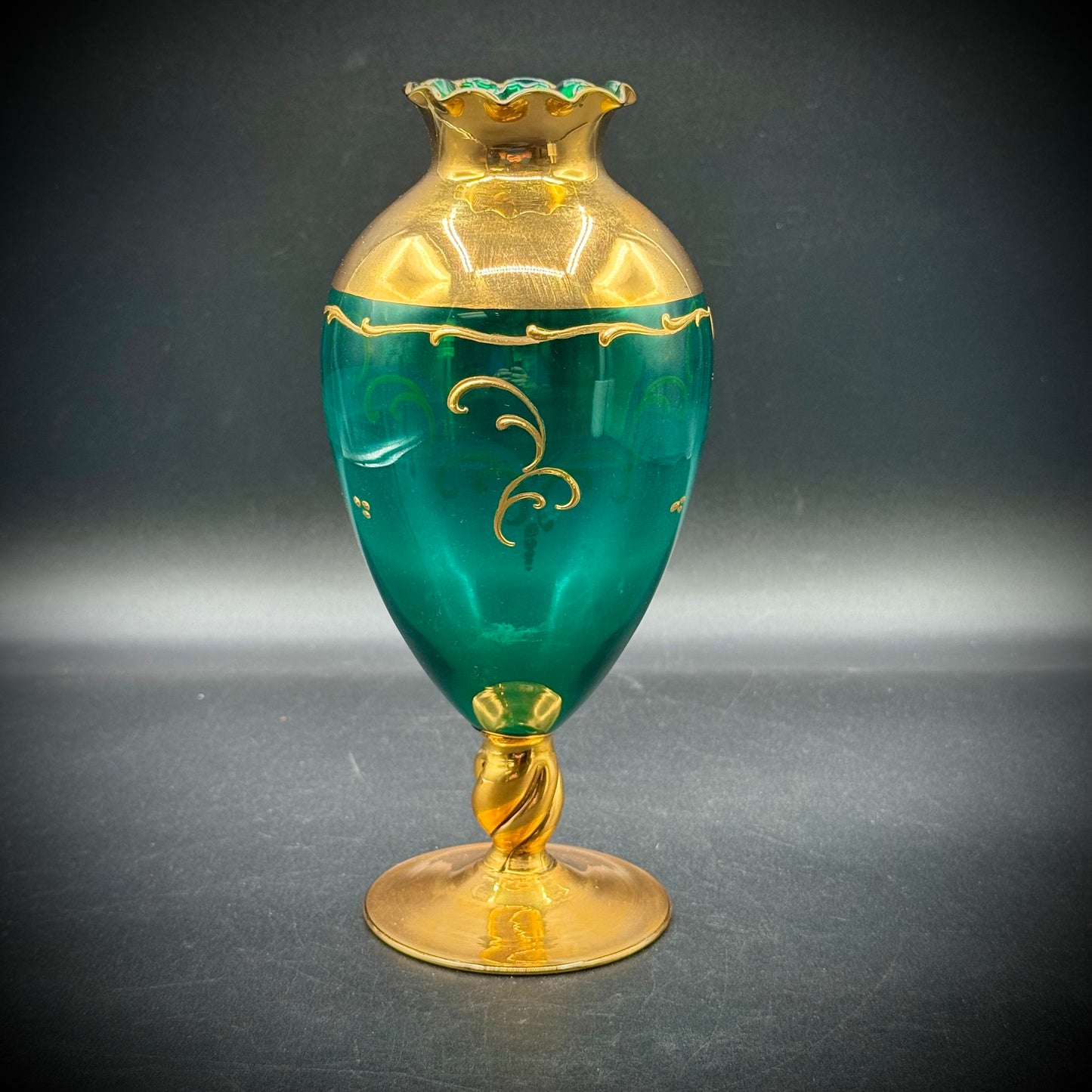 Vintage Emerald Green Murano Venetian Hand Painted Flower Vase