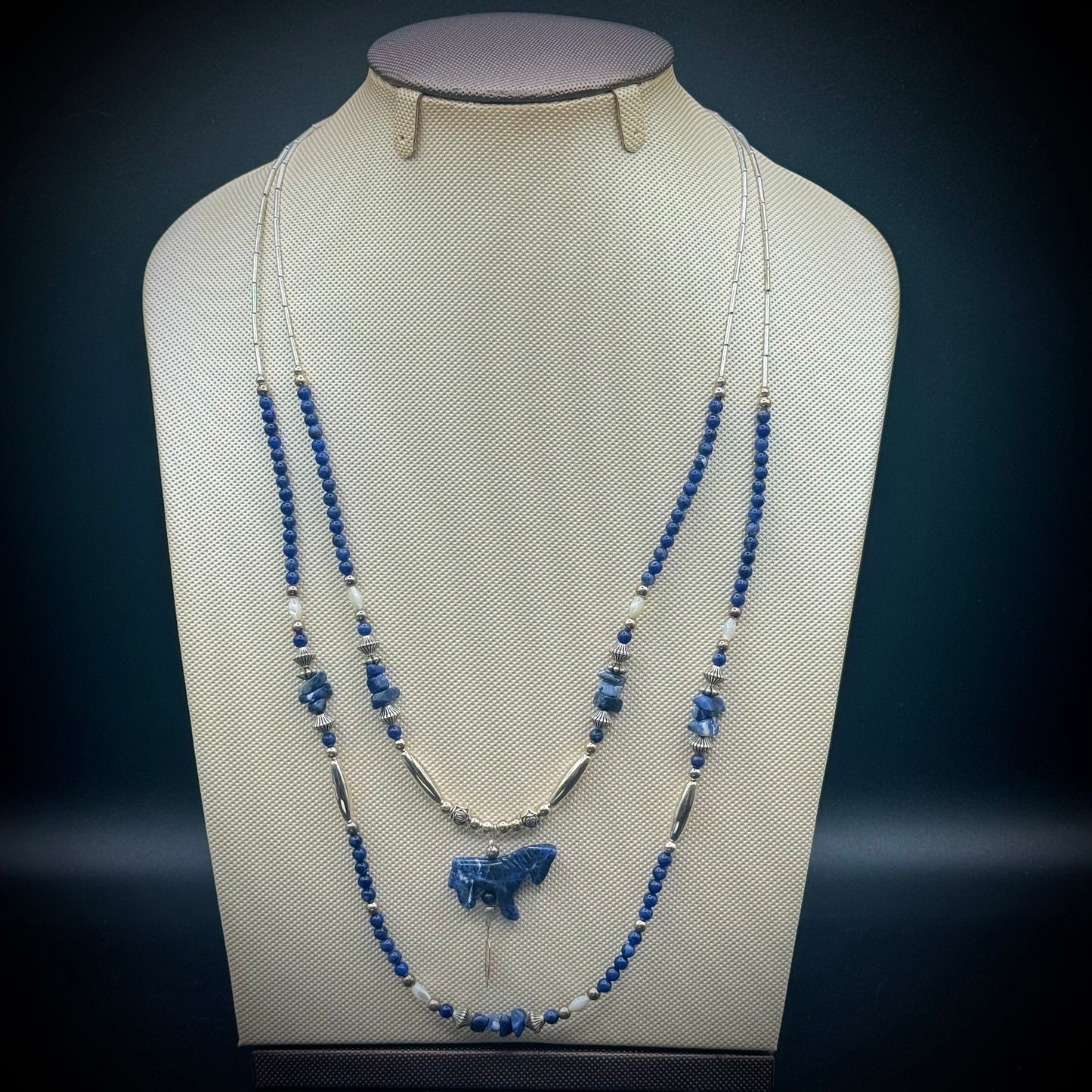 Native American Made Sterling & Lapis Horse Motif Double Strand Necklace
