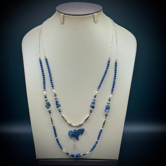 Native American Made Sterling & Lapis Horse Motif Double Strand Necklace