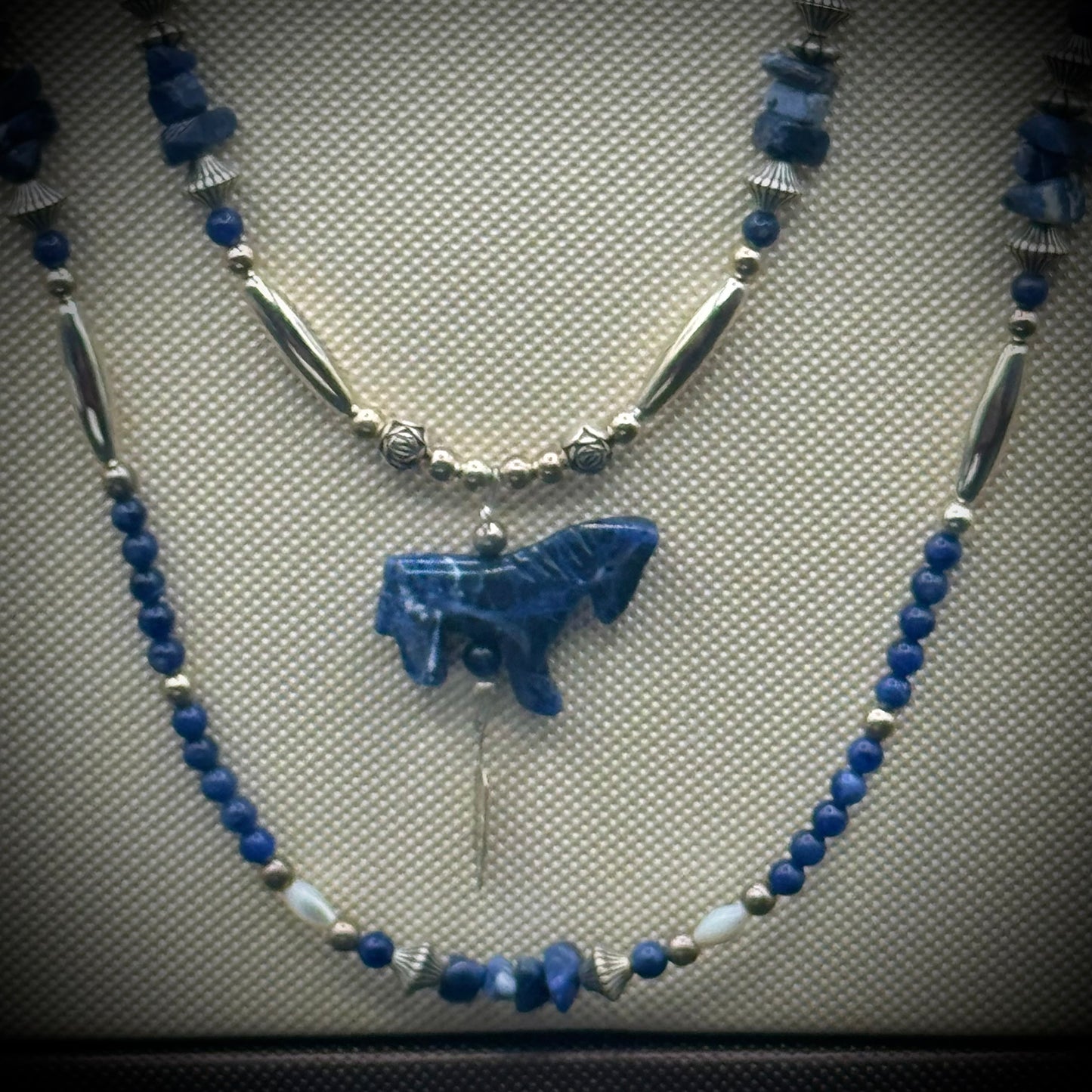 Native American Made Sterling & Lapis Horse Motif Double Strand Necklace