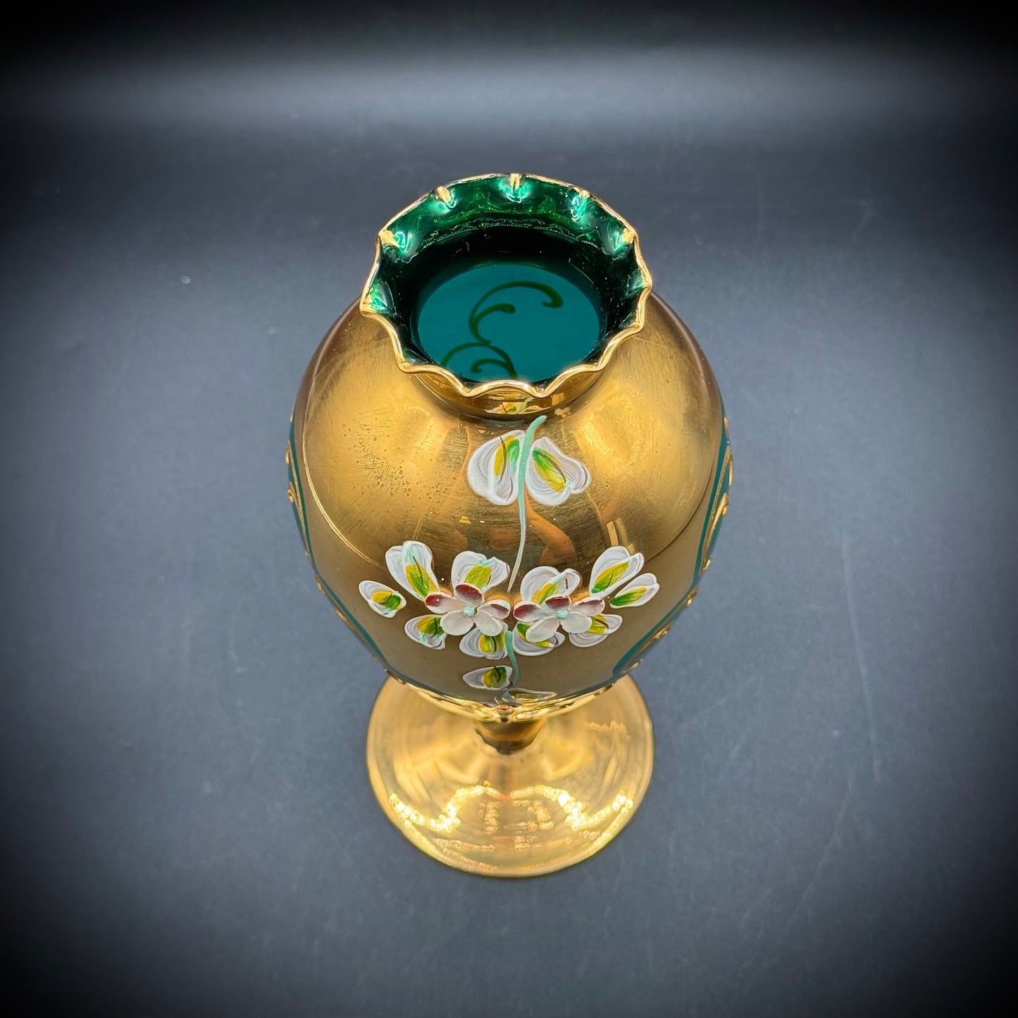 Vintage Emerald Green Murano Venetian Hand Painted Flower Vase