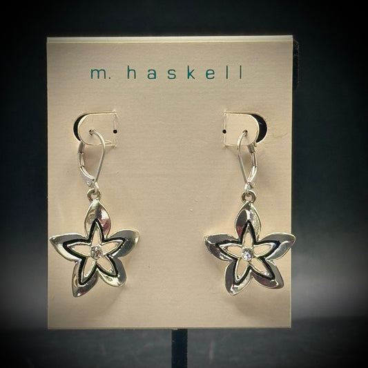 Vintage Miriam Haskell Silver Tone & Crystal Center Flower Earrings - New On Board